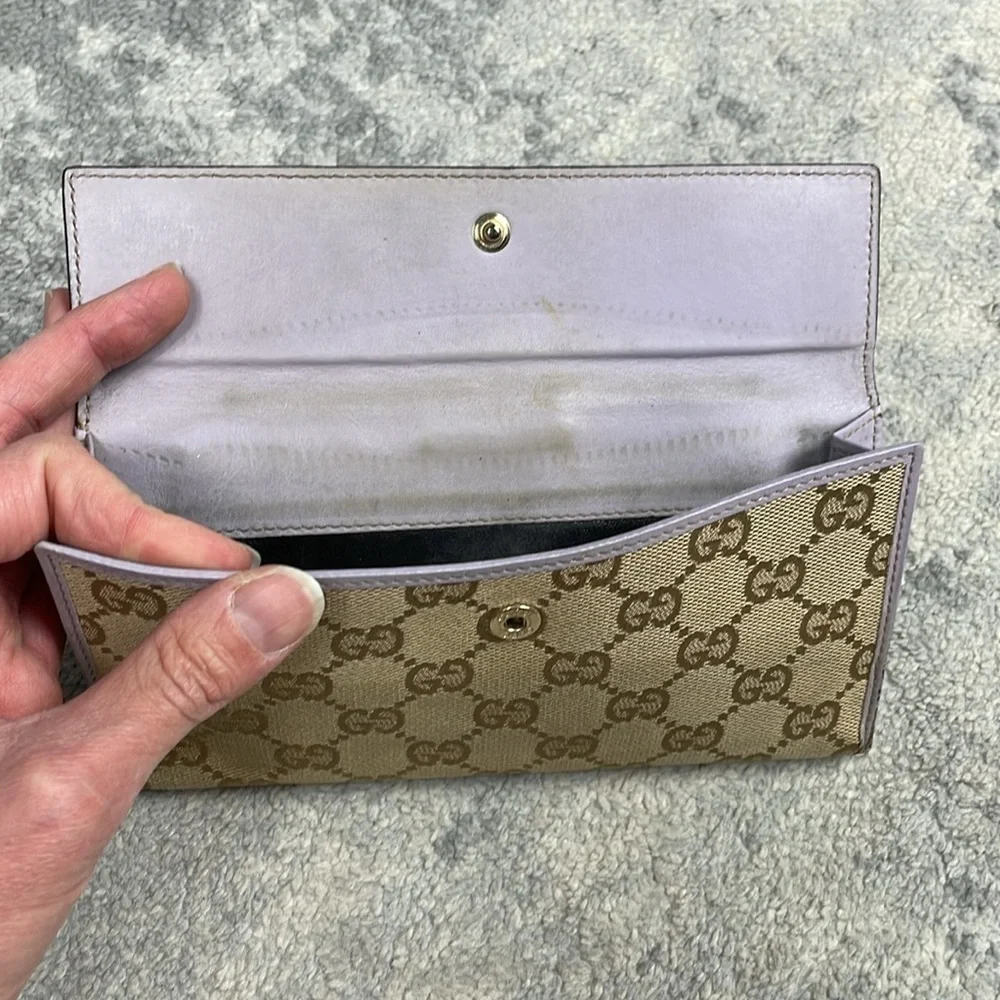 Gucci Monogram GG Long Wallet Double Sided Tan Lilac Heart Clasp - Picture 8 of 17